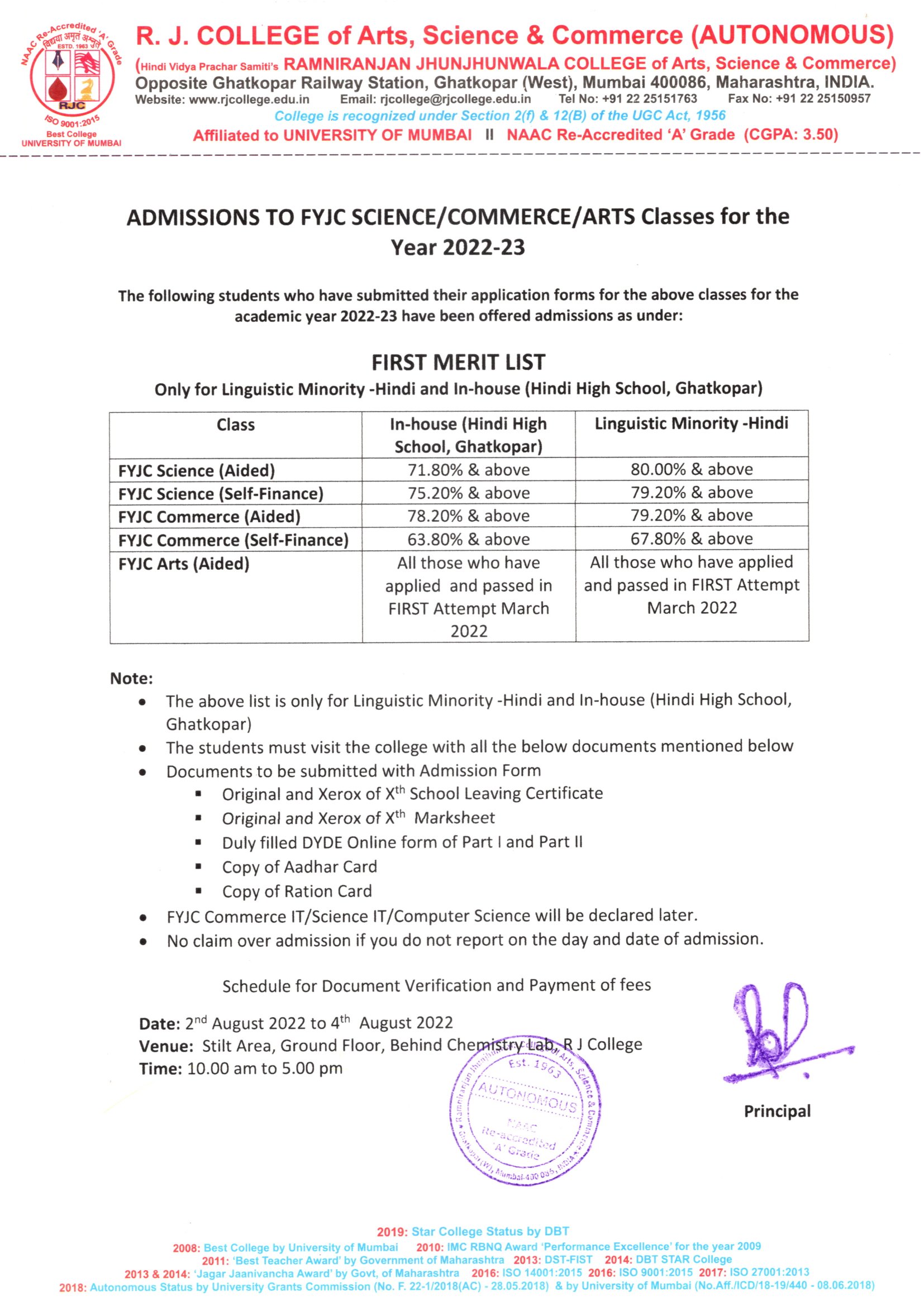 rj college merit list 2022 23